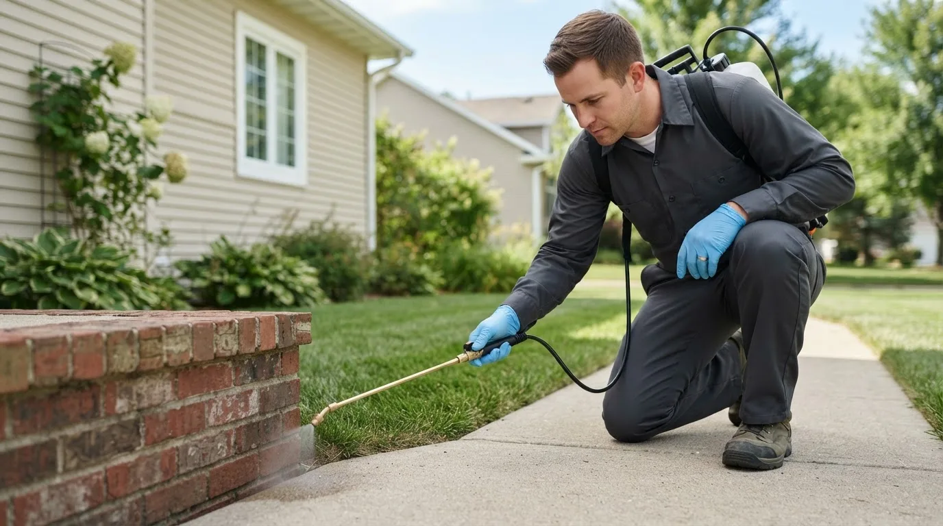 Pest control technician treating a home near Ault, CO